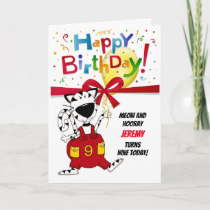 9th Birthday Boy or Girl Cute Cartoon Cat Name Card