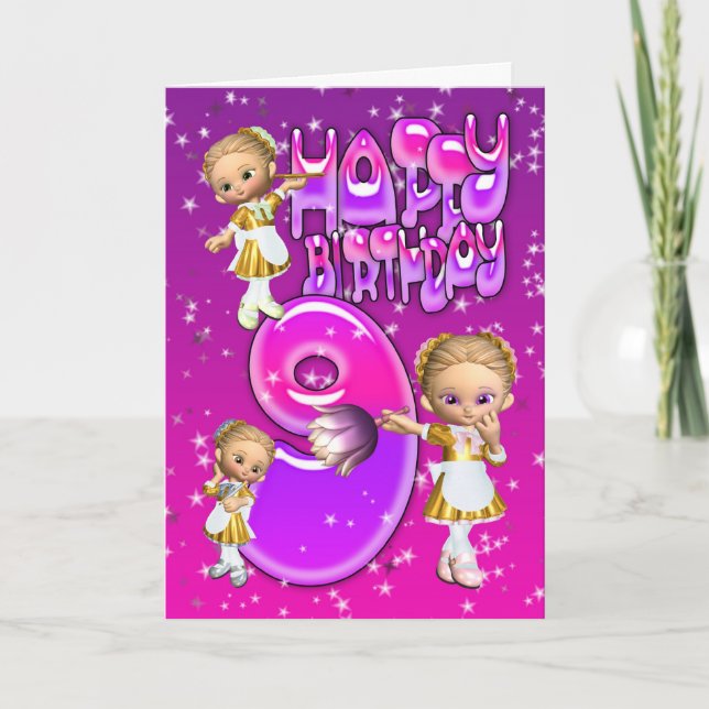 9th Birthday Card cute little glitter maids (Front)