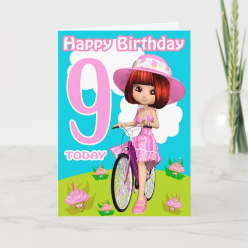 9th Birthday Card Pretty Little Girl On A Bicycle