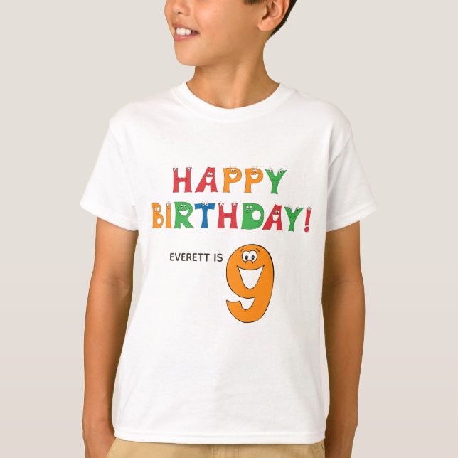 9th Birthday Colorful Alphabet with Name Kids T-Shirt (Front)