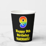 [ Thumbnail: 9th Birthday: Colorful, Fun, Exciting, Rainbow 9 Paper Cups ]