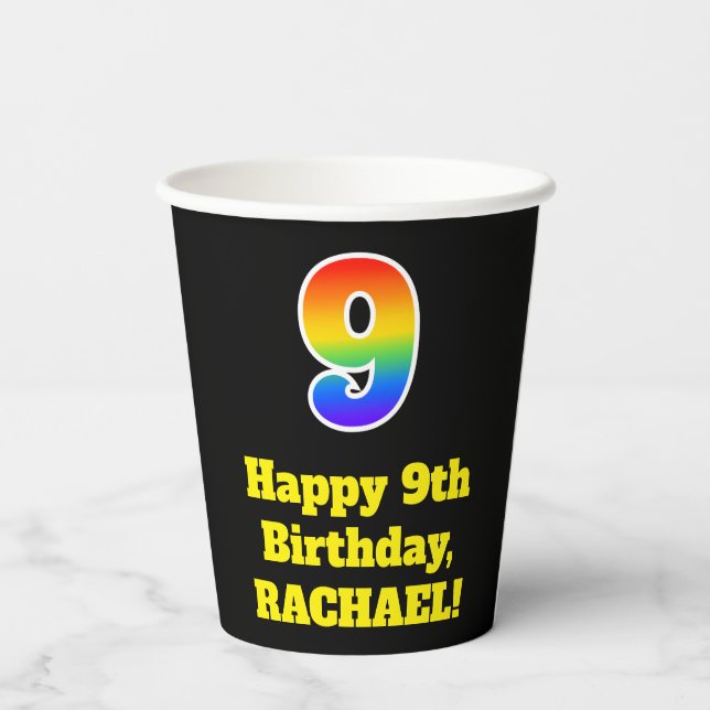 9th Birthday: Colorful, Fun, Exciting, Rainbow 9 Paper Cups (Back)
