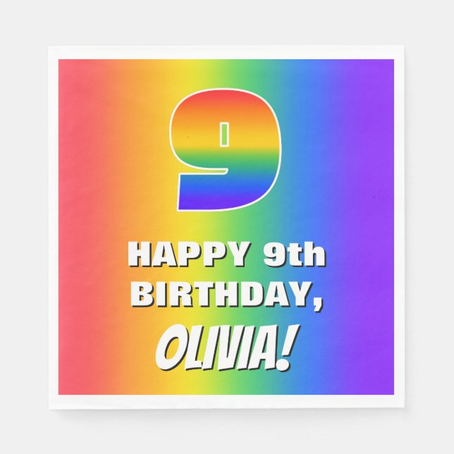 9th Birthday: Colorful, Fun Rainbow Pattern # 9 Napkins (Front)
