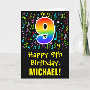 9th Birthday: Colorful Music Symbols + Rainbow 9 Card