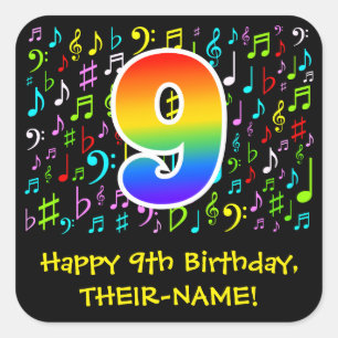 9th Birthday: Colorful Music Symbols, Rainbow 9 Square Sticker
