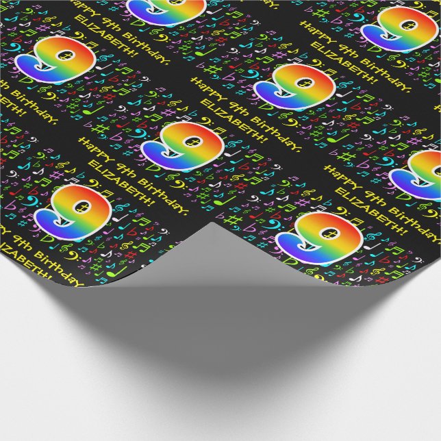 9th Birthday: Colorful Music Symbols, Rainbow 9 Wrapping Paper (Corner)