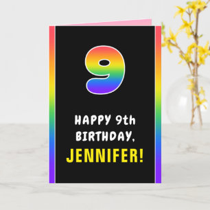 9th Birthday: Colorful Rainbow # 9, Custom Name Card