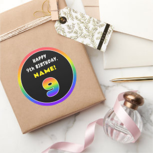9th Birthday: Colorful Rainbow # 9, Custom Name Classic Round Sticker