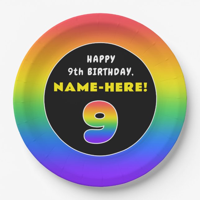 9th Birthday: Colorful Rainbow # 9, Custom Name Paper Plates (Front)