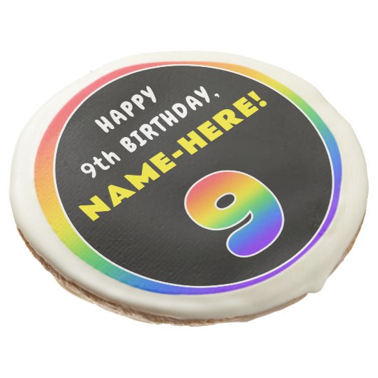 9th Birthday: Colorful Rainbow # 9, Custom Name Sugar Cookie (Angled)