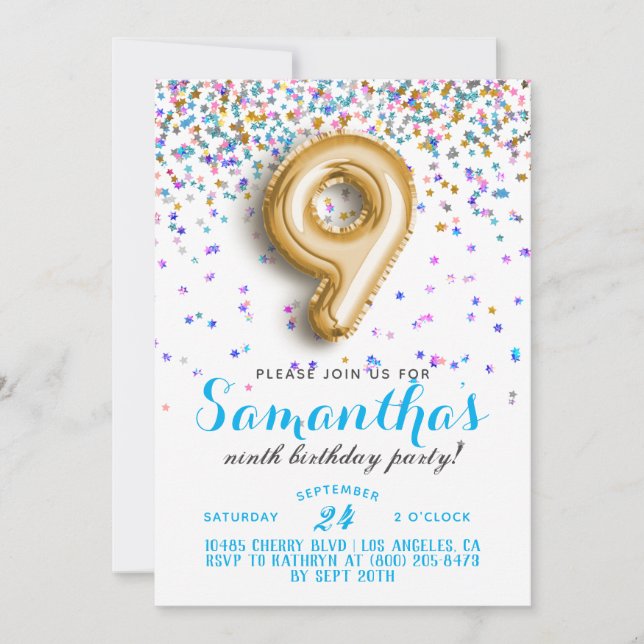 9th Birthday Confetti Invitation (Front)
