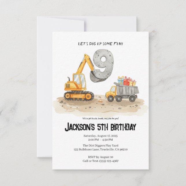 9th Birthday Construction Boy Birthday Invitation (Front)