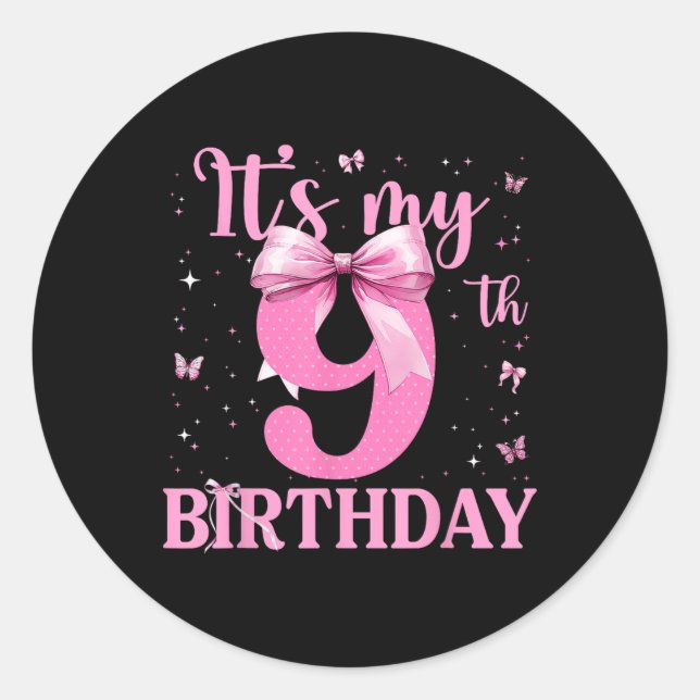 9th Birthday Coquette Bow 9 Years Old Birthday Gir Classic Round Sticker (Front)
