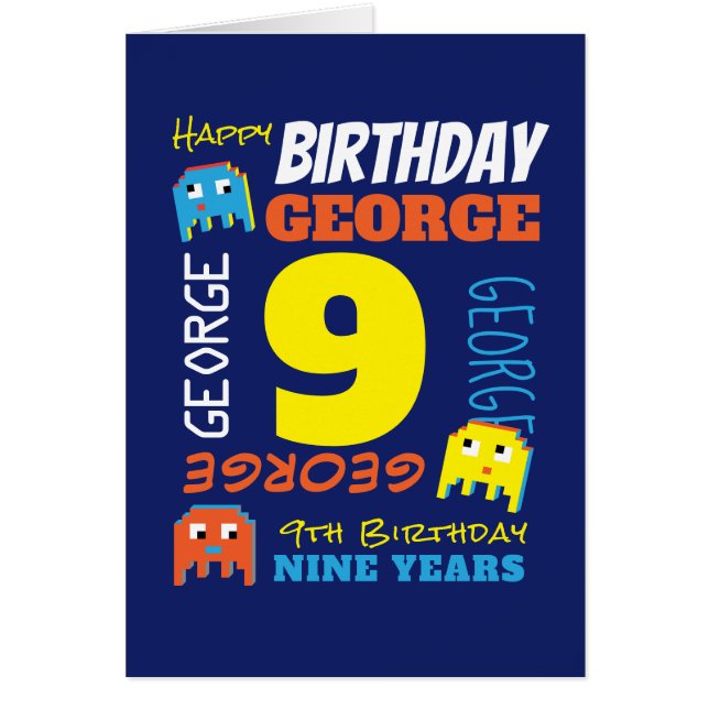 9th birthday custom name yellow blue pixel gamer cards (Front)