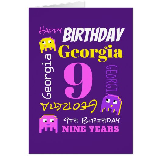 9th birthday custom name yellow pink pixel game cards (Front)