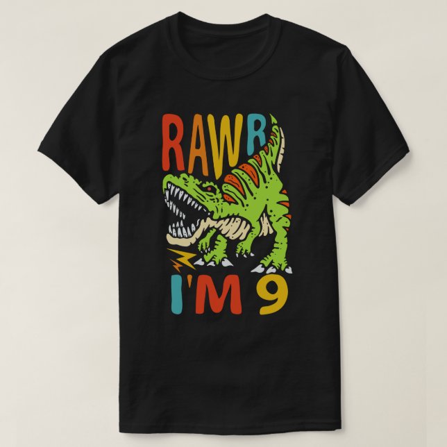 9th Birthday Dinosaur T Rex Rawr I'm 9 For Boys  T-Shirt (Design Front)