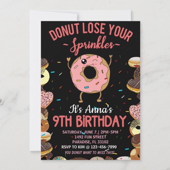 9th Birthday Donut Lose Your Sprinkles Girls Invit (Front)
