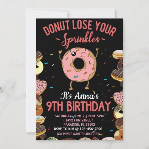 9th Birthday Donut Lose Your Sprinkles Girls Invit