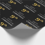 [ Thumbnail: 9th Birthday: Elegant, Black, Faux Gold Look Wrapping Paper ]