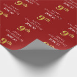 [ Thumbnail: 9th Birthday: Elegant, Red, Faux Gold Look Wrapping Paper ]