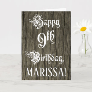 9th Birthday: Fancy, Elegant Text; Faux Wood Look Card