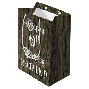 9th Birthday: Fancy, Faux Wood Look + Custom Name Medium Gift Bag