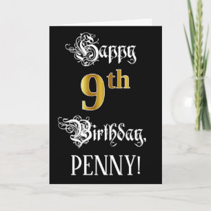 9th Birthday — Fancy Script; Faux Gold Look; Name Card