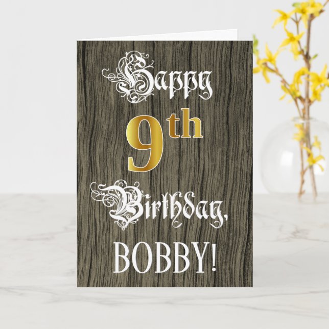 9th Birthday: Faux Gold Look + Faux Wood Pattern Card (Yellow Flower)