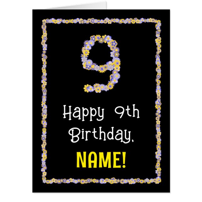 9th Birthday: Floral Flowers Number “9” + Name Card (Front)