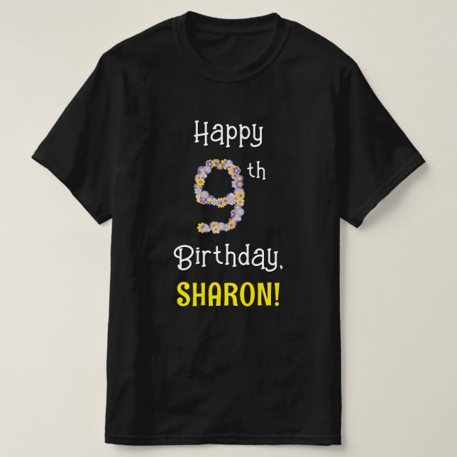 9th Birthday: Floral Flowers Number “9” + Name T-Shirt (Design Front)