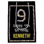 [ Thumbnail: 9th Birthday: Floral Flowers Number, Custom Name Gift Bag ]
