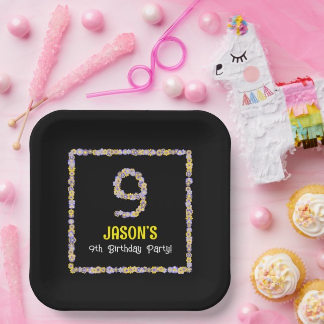 9th Birthday: Floral Flowers Number, Custom Name Paper Plates (Party)