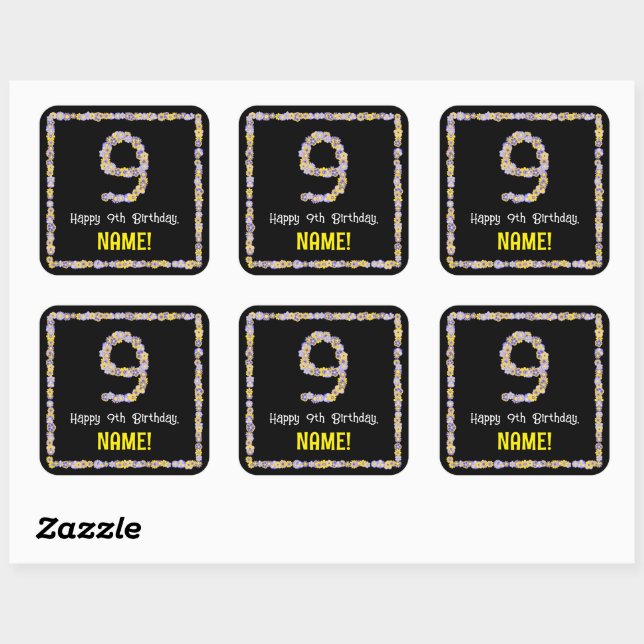 9th Birthday: Floral Flowers Number, Custom Name Square Sticker (Sheet)