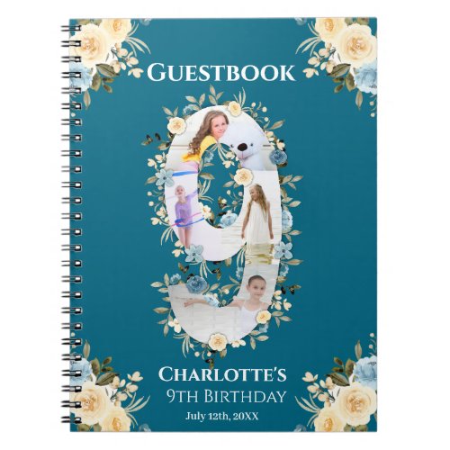 9th Birthday Flower Teal Photo Yellow Guest Book