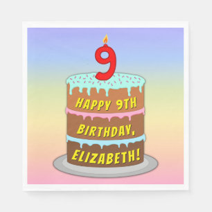 9th Birthday: Fun Cake and Candle + Custom Name Napkins