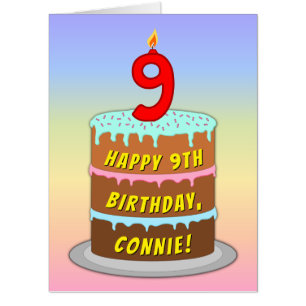 9th Birthday: Fun Cake & Candle, w/ Custom Name Card