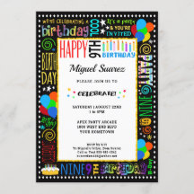 9th Birthday Fun Color Crazy Text on Black Party