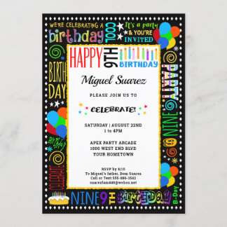 9th Birthday Fun Color Crazy Text on Black Party Invitation