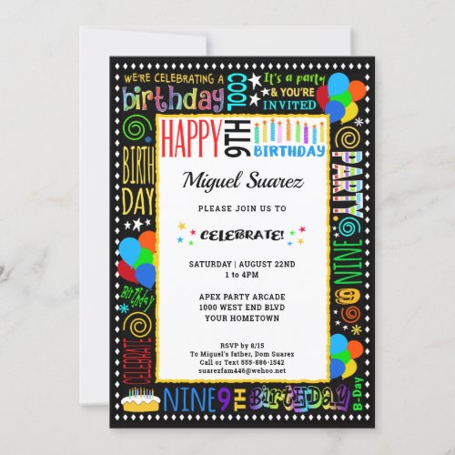 9th Birthday Fun Color Crazy Text on Black Party Invitation