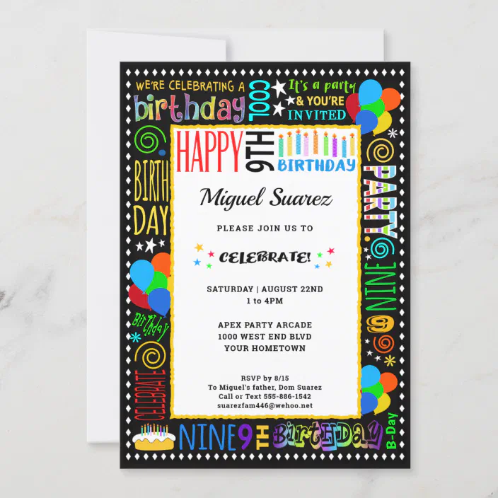 9th Birthday Fun Color Crazy Text On Black Party Invitation Zazzle Com