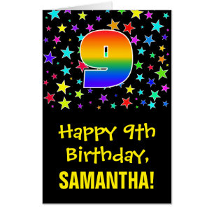 9th Birthday: Fun, Colorful Stars + Rainbow # 9 Card