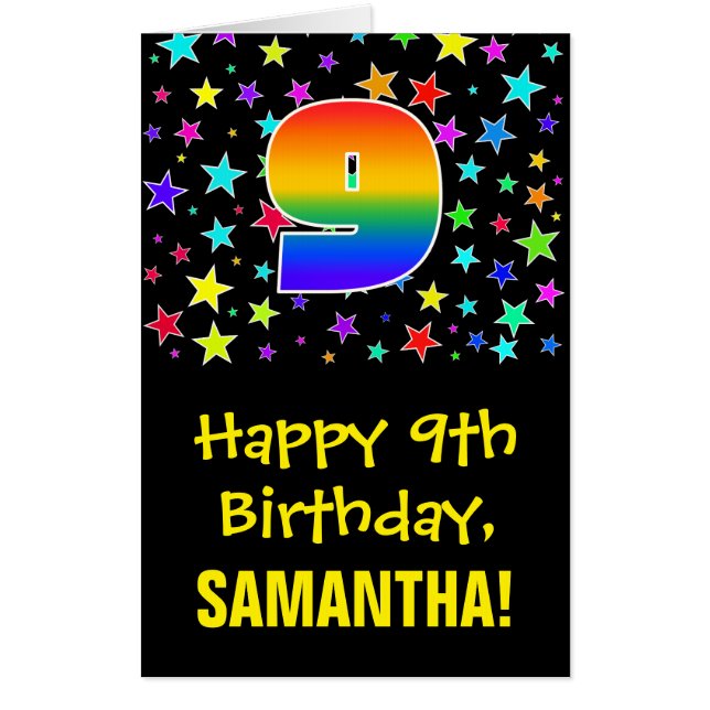9th Birthday: Fun, Colorful Stars + Rainbow # 9 Card (Front)