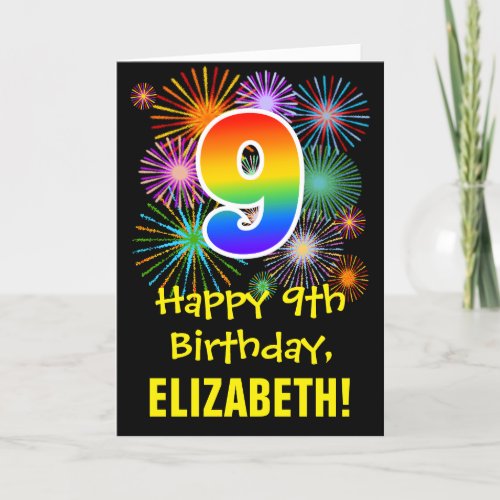 9th Birthday Fun Fireworks Pattern  Rainbow 9 Card