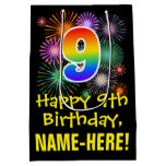 [ Thumbnail: 9th Birthday: Fun Fireworks Pattern + Rainbow 9 Gift Bag ]