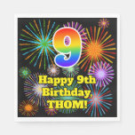 [ Thumbnail: 9th Birthday: Fun Fireworks Pattern + Rainbow 9 Napkins ]