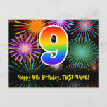 [ Thumbnail: 9th Birthday – Fun Fireworks Pattern + Rainbow 9 Postcard ]