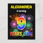[ Thumbnail: 9th Birthday - Fun Fireworks, Rainbow Look "9" Postcard ]