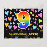 [ Thumbnail: 9th Birthday: Fun Hearts Pattern, Rainbow 9 Postcard ]