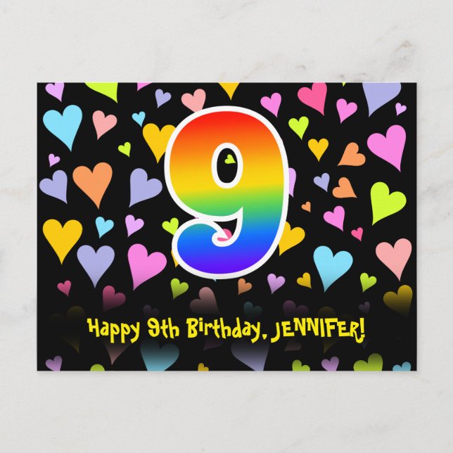 9th Birthday: Fun Hearts Pattern, Rainbow 9 Postcard (Front)