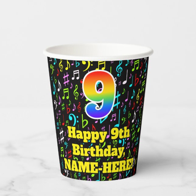 9th Birthday: Fun Music Notes Pattern, Rainbow 9 Paper Cups (Back)